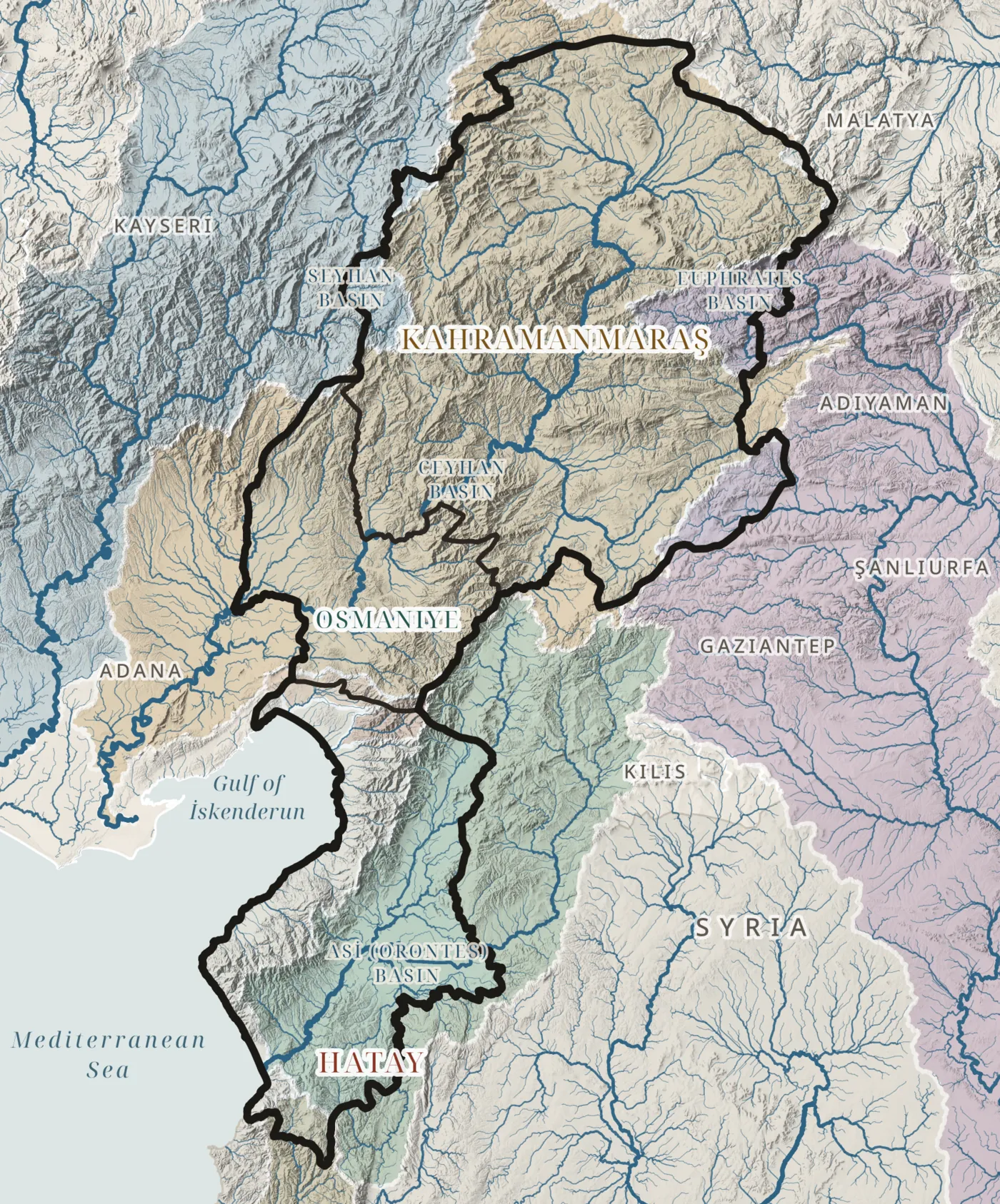 Streams and drainage basins derived from the elevation model